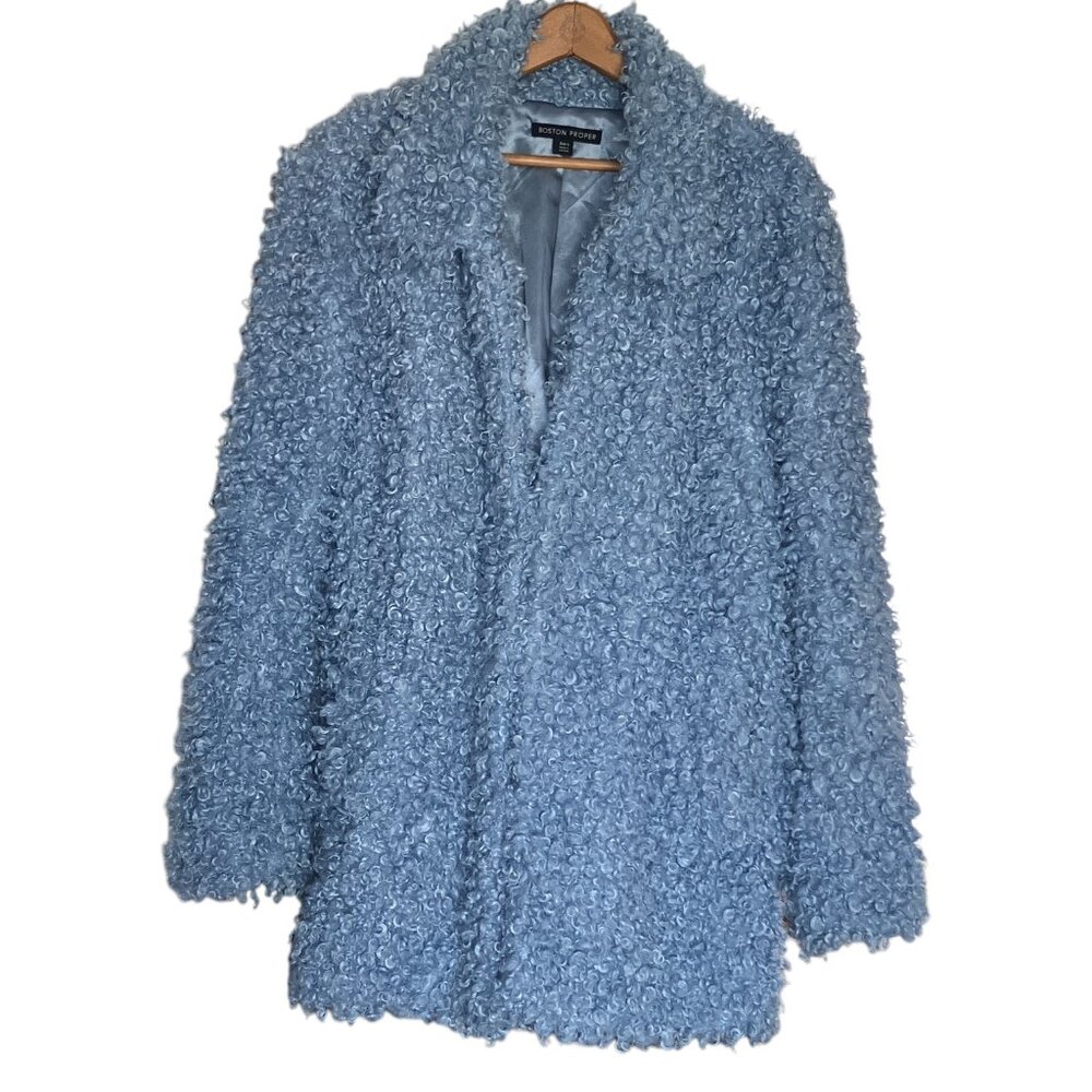 Boston Proper Large L Periwinkle Blue Faux Fur‎ Curly Sherpa Teddy Collared Coat